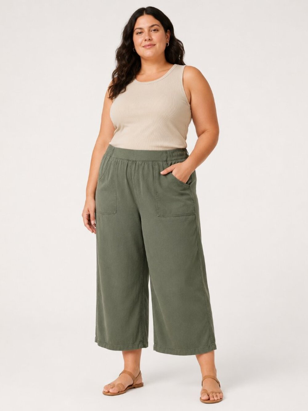 St. John’s Bay Olive Green Wide Leg Pants Women’s 3X Tencel Lyocell Pull On Crop